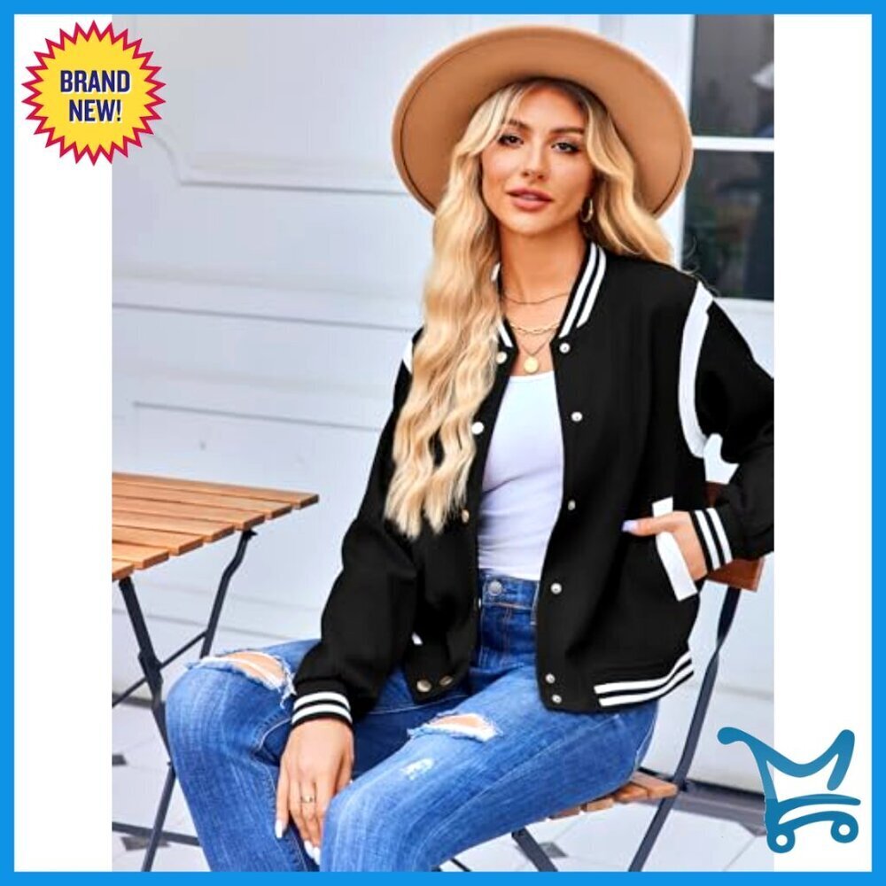 Lightweight Bomber Jacket Varsity Style Snap Button Casual Oversized Fit - Picture 2 of 7